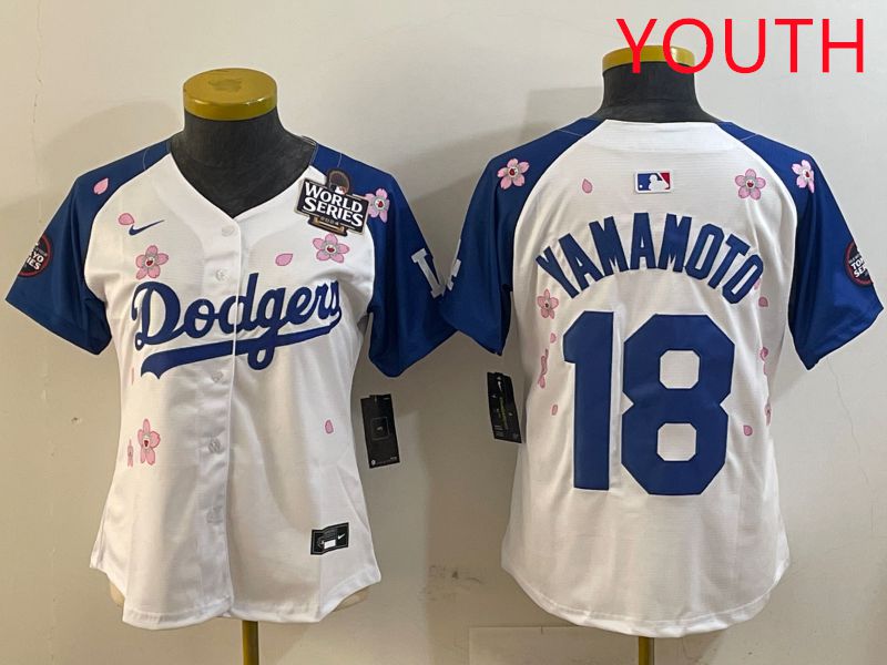 Youth Los Angeles Dodgers #18 Yamamoto White Blue Sakura Edition 2025 Nike MLB Jersey style 3